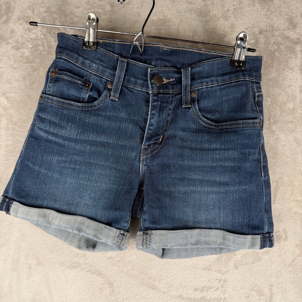 Levis Women 24 Dark Wash Cuffed Denim Shorts Mid Rise 5 Pocket Slim Blue